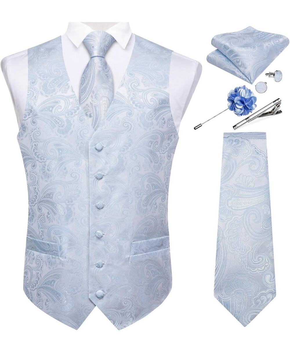 Mens 6 PCS Paisley Silk Vest Tie Set Formal Tuxedo Waistcoat Necktie Blue 3XL
